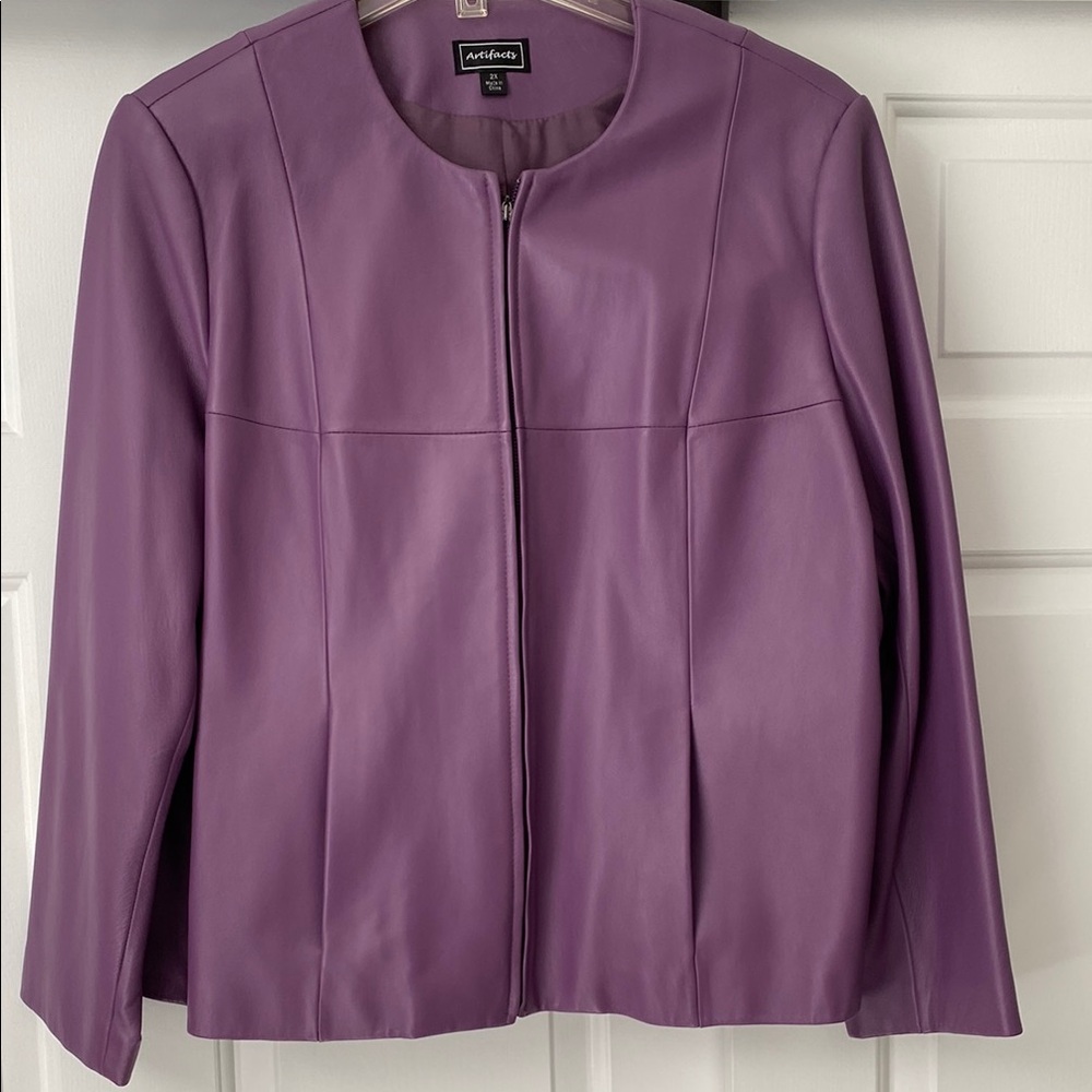 Purple Leather Jacket with Streamlined Design and Collarless Neckline